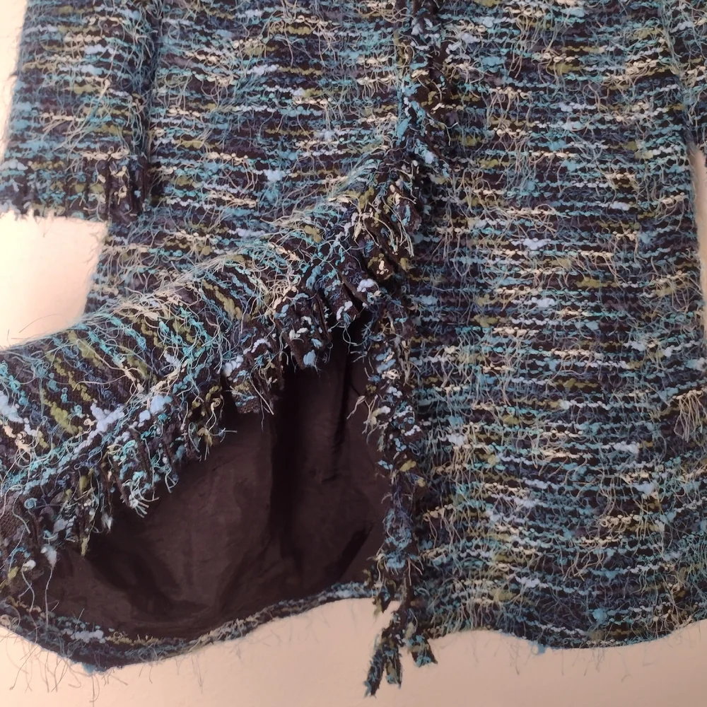 Laura Ashley Y2K Boucle Eyelash Fringe Coat Blue Green Black Stripe Size M
